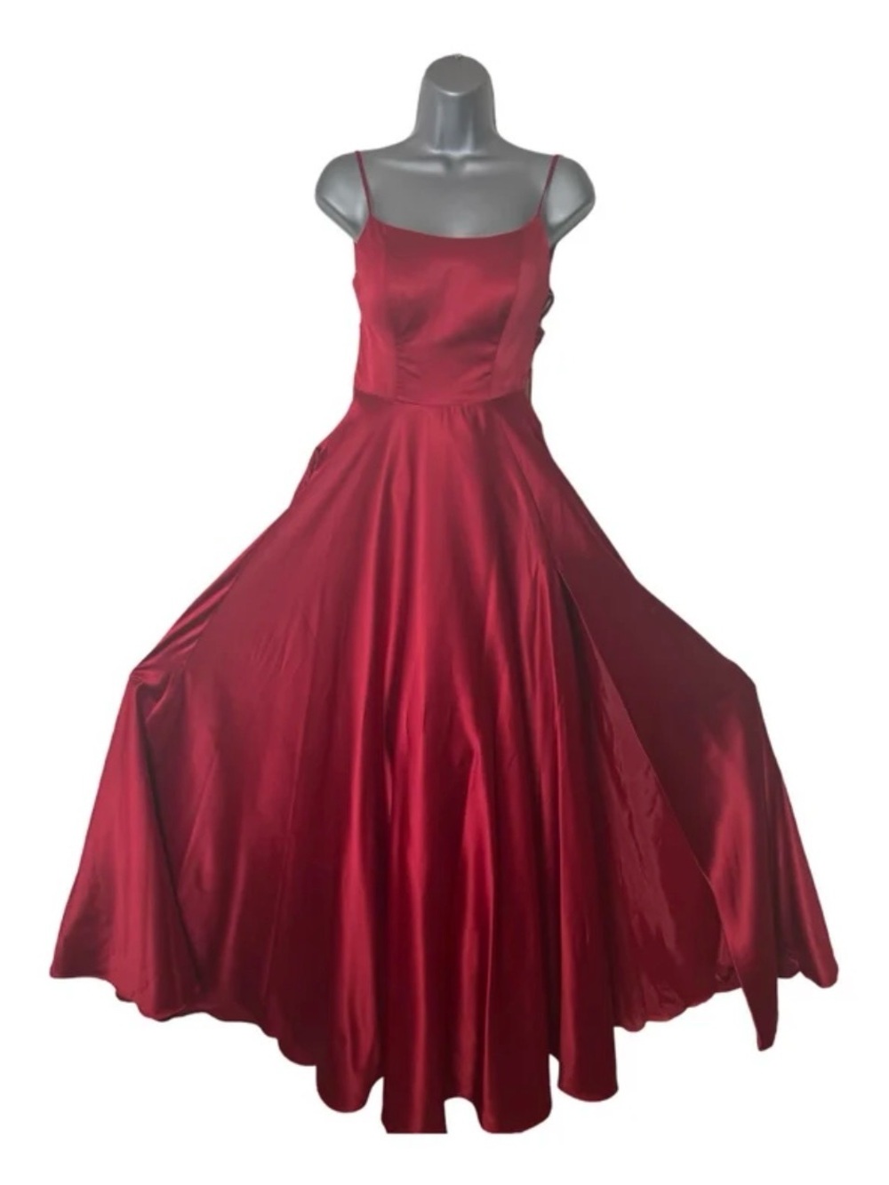 B Darlin Crimson Satin Prom Gown with Spaghetti Straps